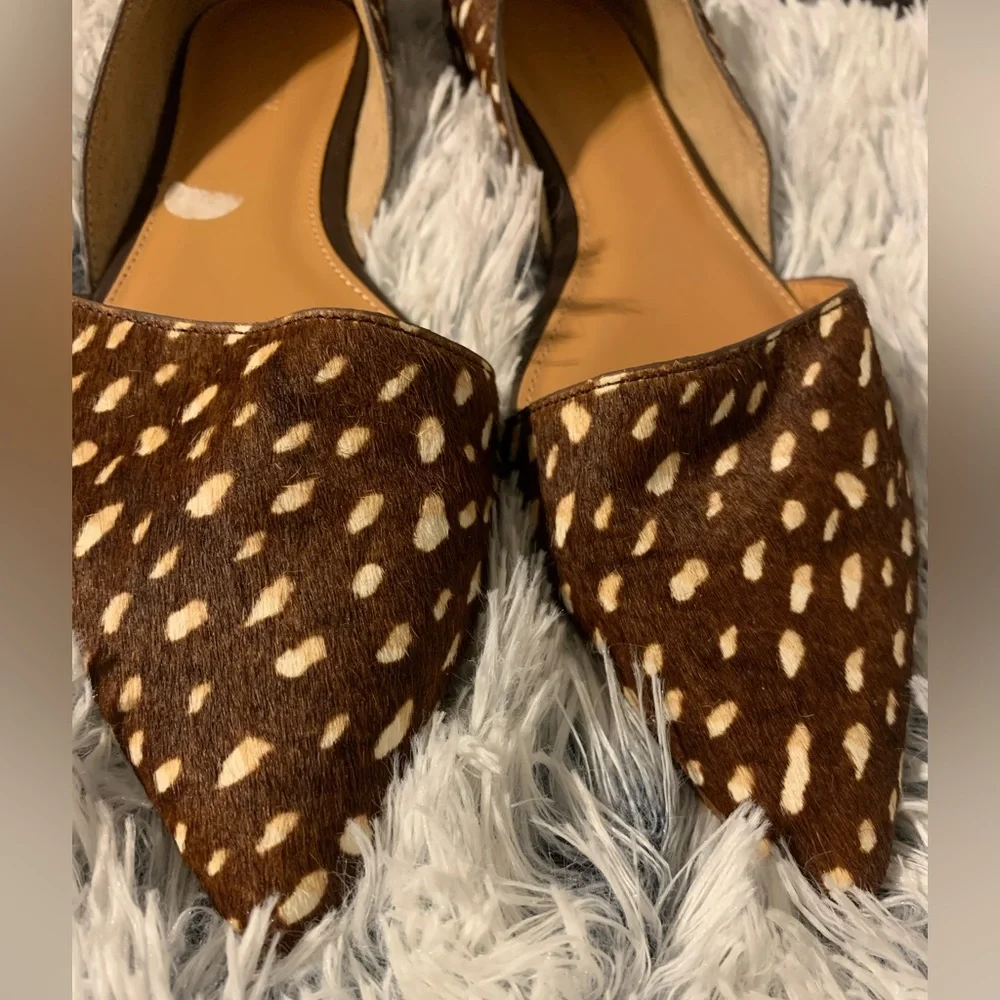 J. Crew Brown & White Polka Dot Dyed Calf Fur Flats Women’s Size 7. - Picture 2 of 7